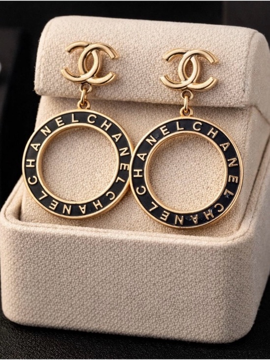 Fashion Jewelry Jewelry - 18K Gold and Black Luxury Logo Drop Earrings